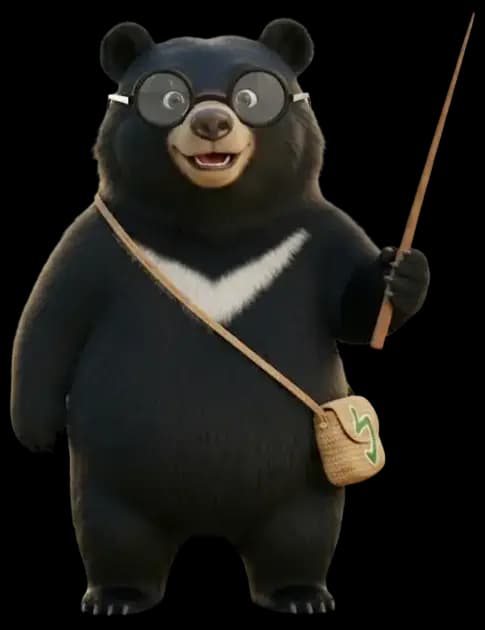 Maskot beruang Bao memegang penunjuk, di depan sebuah simbol zhuyin berukuran besar